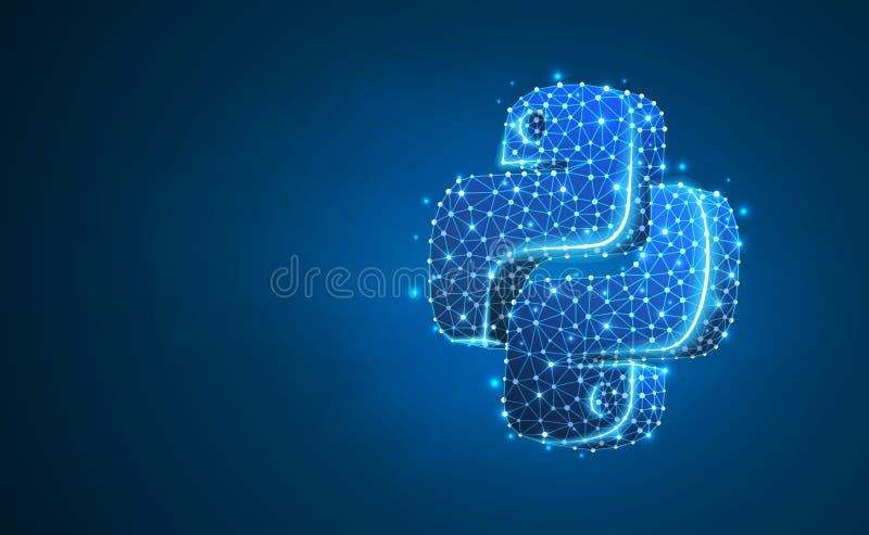Python coding language sign. Device, programming, developing concept. Abstract, digital, wireframe, low poly mesh, vector blue neon 3d illustration. Triangle line dot star. Coding mesh vectors