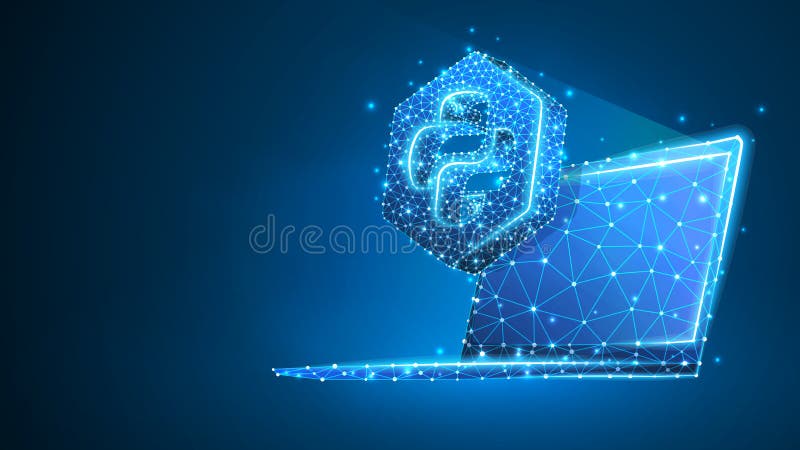 Python coding language sign on notebook screen. Device, programming, developing concept. Abstract, digital, wireframe, low poly mesh, vector blue neon 3d illustration. Triangle, line dot. Coding mesh vectors