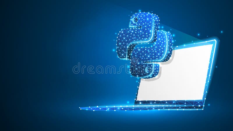 Python coding language sign on white notebook screen. Device, programming, developing concept. Abstract, digital, wireframe, low poly mesh, vector blue neon 3d illustration. Triangle, line, dot star. Coding mesh vectors