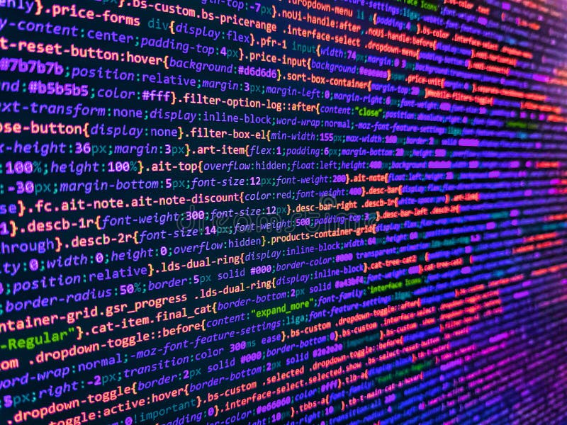 Код разработчика Python. Код веб-разработки: строки скриптов препроцессора стилей CSS/SASS. Абстракция кода программирования стоковое изображение
