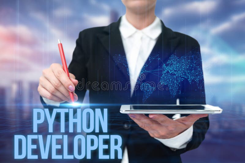 Вдохновение, показывающее знак Python Developer. Бизнес-концепция, ответственная за написание логики веб-приложения на стороне сер стоковое фото rf