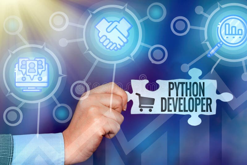 Вывеска «Python Developer». Бизнес-концепция, отвечающая за написание логики веб-приложений на стороне сервера. Рука стоковые изображения rf