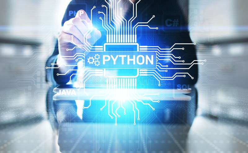 Python high-level programing language. Application and web development concept on virtual screen. Application and web. Code computer language python stock images, royalty-free photos and pictures