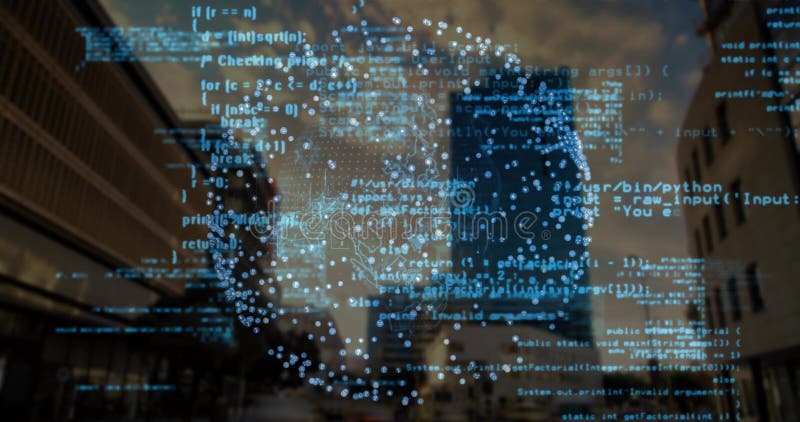 黄昏时分，漂浮在城市广场中的数字地球，带有网络节点、Python 和 Java 代码 免版税库存照片