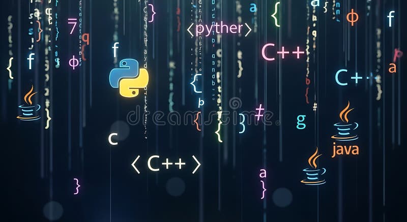 Τα λαμπερά λογότυπα γλωσσών προγραμματισμού όπως η Python, η Java και η C++ αιωρούνται σε μια ψηφιακή βροχή κώδικα στοκ φωτογραφία