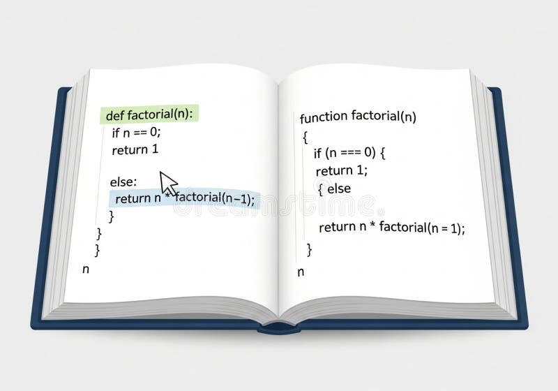 Ανοιχτό βιβλίο που εμφανίζει κώδικα Python και JavaScript για τον υπολογισμό παραγοντικών σε ξεχωριστές σελίδες. Η αριστερή σελίδα διανυσματική απεικόνιση