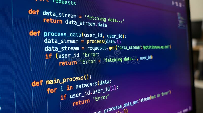 Eine Nahaufnahme von in Python geschriebenem Programmiercode, der hell auf einem dunkelblauen Monitorbildschirm angezeigt wird. Der Code enthält Funktionen, bedingte Anweisungen, Variablenzuweisungen und Datenverarbeitungsroutinen. Dieses Bild eignet sich ideal zur Veranschaulichung von Themen wie Softwareentwicklung, Informatik, Programmierung, Technologie, Hacking und Cybersicherheit.