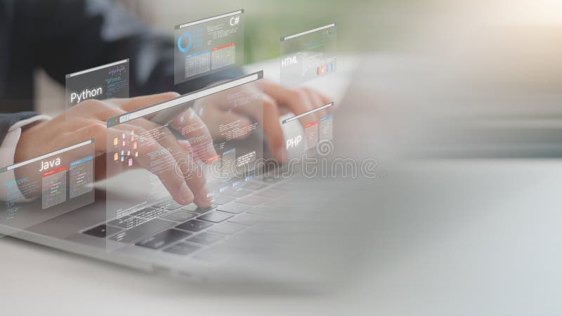 Python Programmierung Web Development Coding Konzept. Software-Entwicklungskonzepte und Programmierung für verschiedene Geräte-Sof. Software-Entwicklungskonzepte und Programmierung für verschiedene Geräte Software-Engineer Computerprogrammierung Prozessdiagramm und Datenanalyse.
