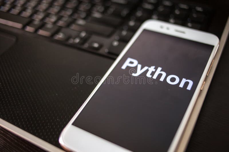 Python Programming language for mobile development, concept. Smartphone stock photo