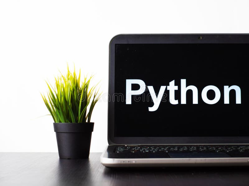 Python编程语言。编程培训，计算机课程的概念。桌子上的笔记本电脑 库存图片