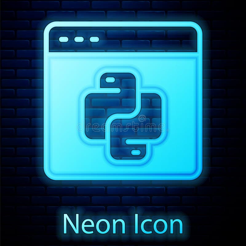 砖墙背景中突显的荧光霓虹Python编程语言图标. Python编码语言在浏览器上登录 向量例证