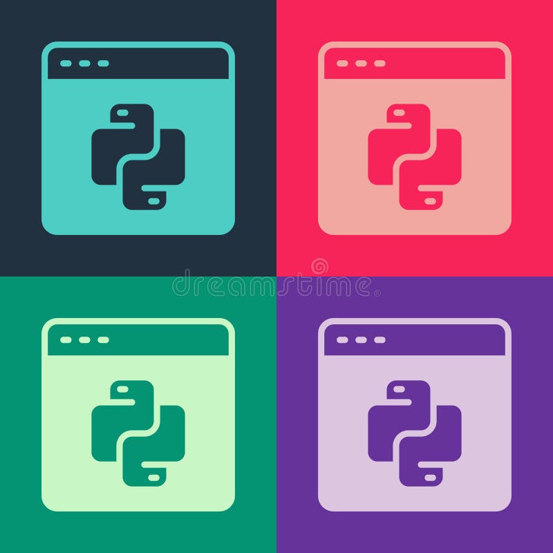 彩色背景中突显的流行艺术python编程语言图标. Python编码语言在浏览器上登录. 设备 库存例证