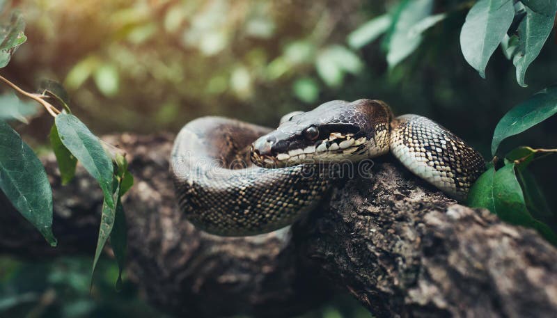 树枝中的python. 大蛇. 动物园和动物概念. 模糊的自然绿色背景 库存例证