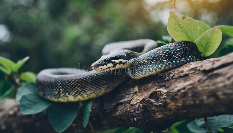 树枝中的python. 大蛇. 动物园和动物概念. 模糊的自然绿色背景 库存例证