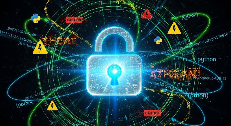 网络安全锁，周围环绕着 Python 代码和警告 网络安全 数字 皇族释放例证
