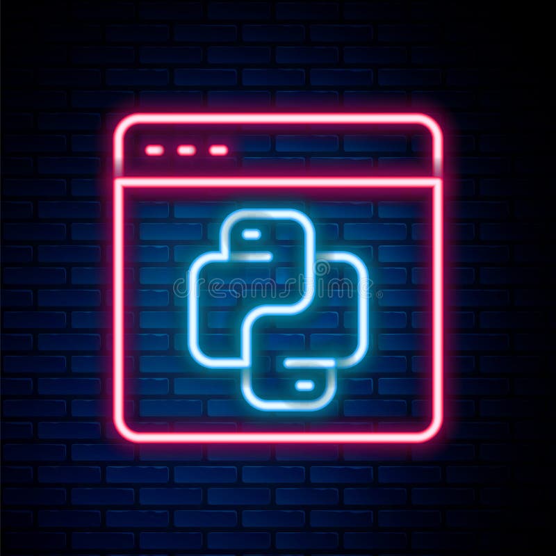 砖墙背景中突显的荧光霓虹线python编程语言图标. python编码语言符号 向量例证