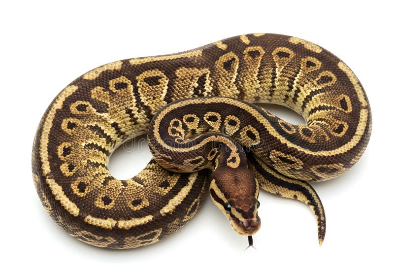 详细的球蟒（Python regius）工作室照片，也称为皇室蟒蛇，以防御姿势盘绕或休息。这种无毒的蟒蛇类爬行动物在其精细的鳞片上展示了棕色、棕褐色和黑色的美丽而复杂的图案。蛇正对着前方，吐着分叉的舌头，与纯白的背景隔绝。是与野生动物、爬虫学、异国情调的宠物、玻璃容器、自然、动物或生物学研究相关的概念的完美图像。.