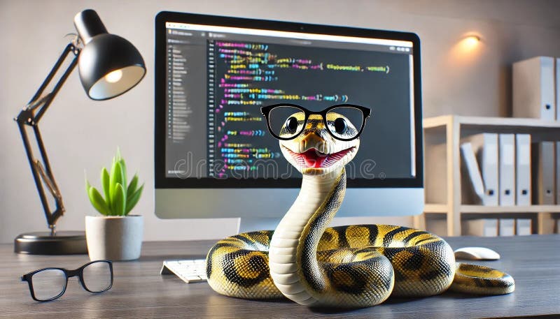 Python 蟒蛇 Python 编程 在现代办公室桌子上 向量例证