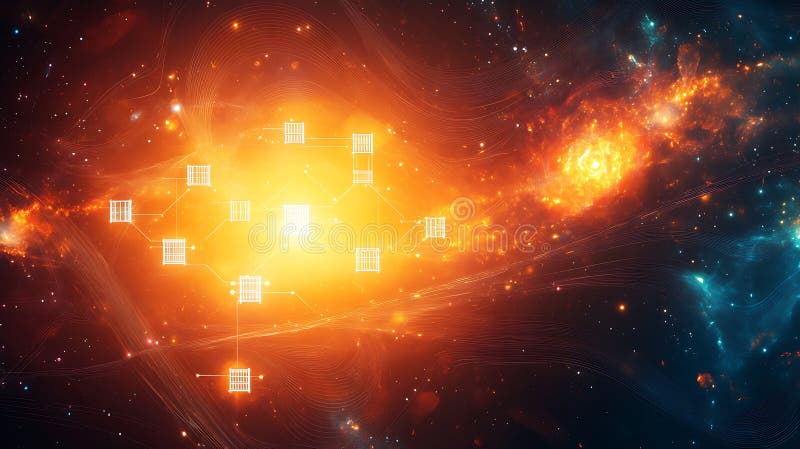 Pythonic Quantum Circuit | Bright Gate Icons Flowing in Curved Logic Lines stock illustration