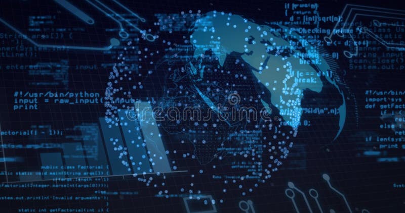 在黑暗网格界面上渲染数字地球，带有数据节点、Python 和 Java 代码片段 库存例证