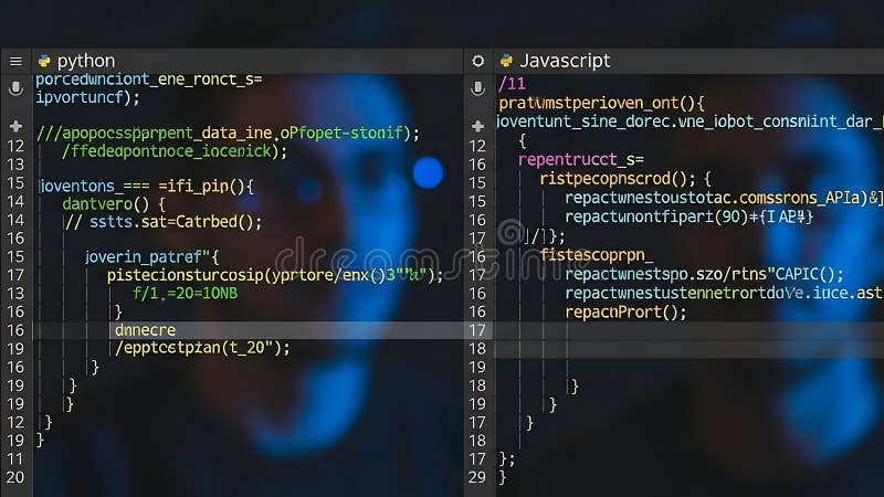 ダークスクリーン上のPythonとJavaScriptコード、ボケ光付き ストックフォトグラフィー