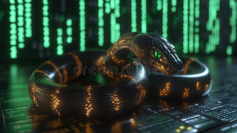 一张图片，描绘了 Python 和 JavaScript 之间的比较，带有 JavaScript 标志和 Python 蛇的图像 库存照片