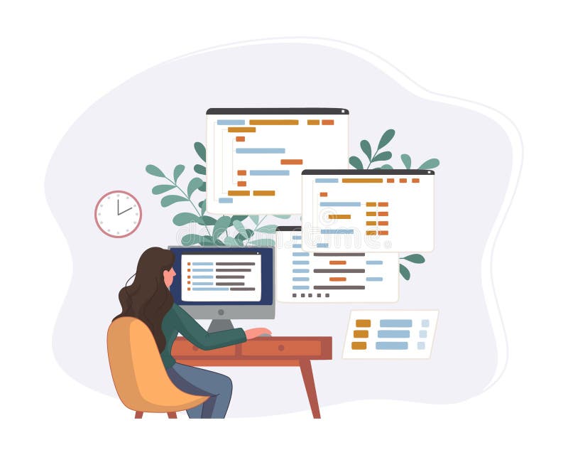 ウェブ開発コードに取り組むプログラマー。コンピューターでPython、PHP、JavaScriptでプログラミングするエンジニア。ベクター ロイヤリティフリーのイラスト