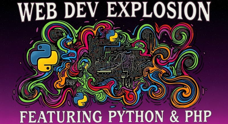 PythonとPHPのロゴをフィーチャーしたカラフルなWeb開発グラフィック ストックイラスト