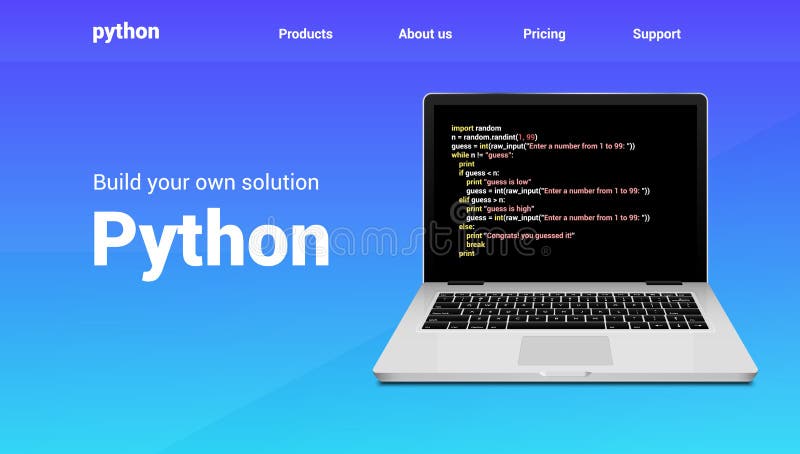 Pythonプログラミングコード技術バナー。Python言語ソフトウェアコーディング開発ウェブサイトデザイン ストックイラスト