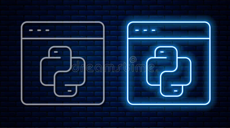 光るネオンラインのPythonプログラミング言語アイコン。レンガの壁の背景に分離。Pythonコーディング言語のサイン ストックイラスト