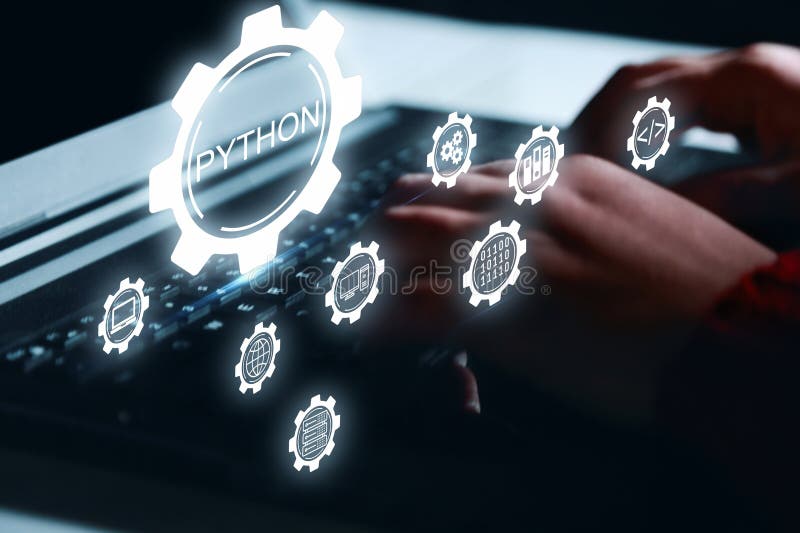 Python编程语言，使用带有Python编程图标的虚拟屏幕的笔记本电脑的男人，应用程序和网页 库存例证