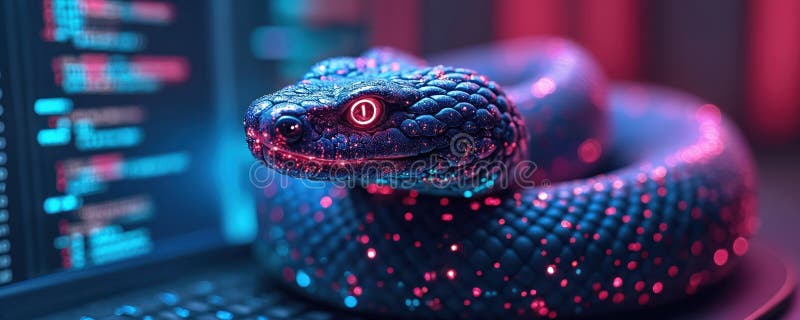 コンピュータの画面にはPythonコードとデジタルスネークが表示されています。データエンジニアリングとソフトウェア開発のためのPythonプログラミングを象徴しています ロイヤリティフリーのイラスト