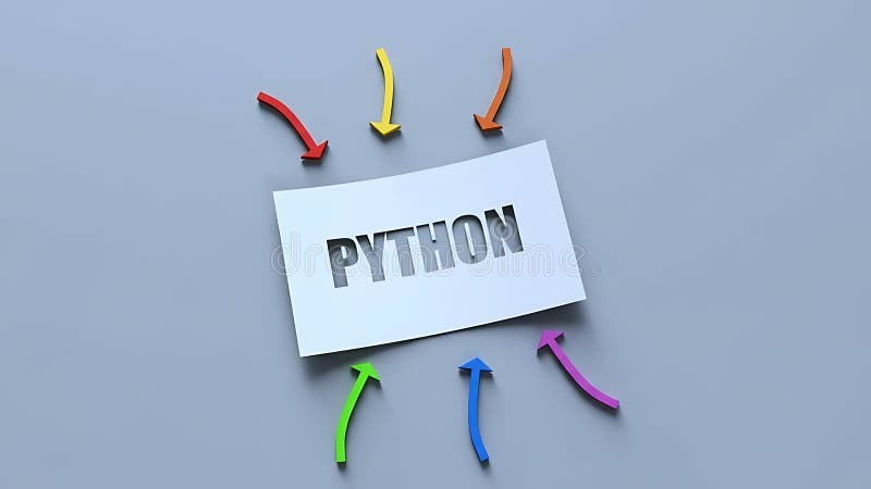 Python编程语言的概念，带有彩色箭头指向用纸剪出的“PYTHON”字，背景为灰色 库存例证