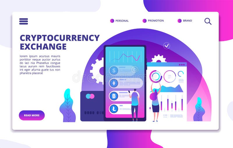 Cryptocurrency exchange landing page. Online crypto payment. Business marketplace web vector design. Crypto currency market, exchange litecoin and bitcoin illustration. Cryptocurrency exchange landing page. Online crypto payment. Business marketplace web vector design. Crypto currency market, exchange litecoin and bitcoin illustration