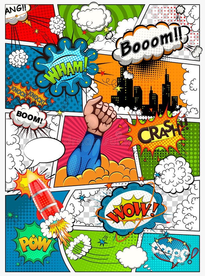 Comic book page divided by lines with speech bubbles, rocket, superhero and sounds effect. Retro background mock-up. Comics template. Vector illustration. Comic book page divided by lines with speech bubbles, rocket, superhero and sounds effect. Retro background mock-up. Comics template. Vector illustration