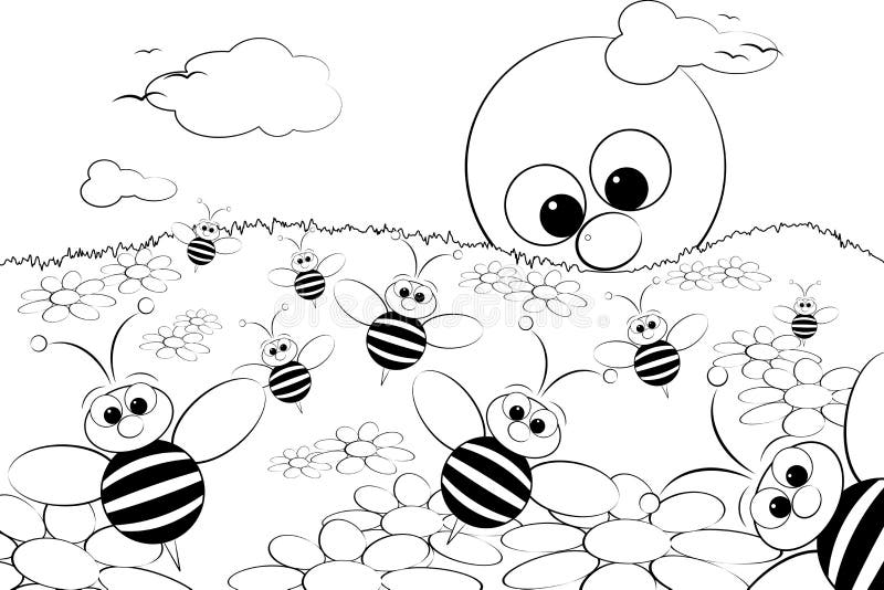 Página da coloração - ajardine com sol e abelhas ilustração do vetor Página da coloração - ajardine com sol e abelhas ilustração do vetor