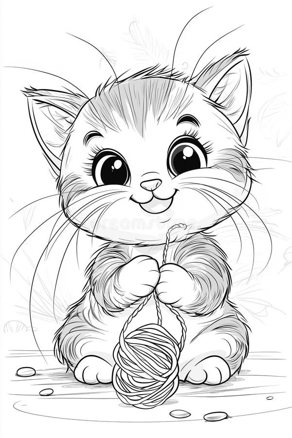 Página de coloreado de hilo y gato para niños. Un gatito lúdico con hilo perfecto para que los niños se coloreen y disfruten