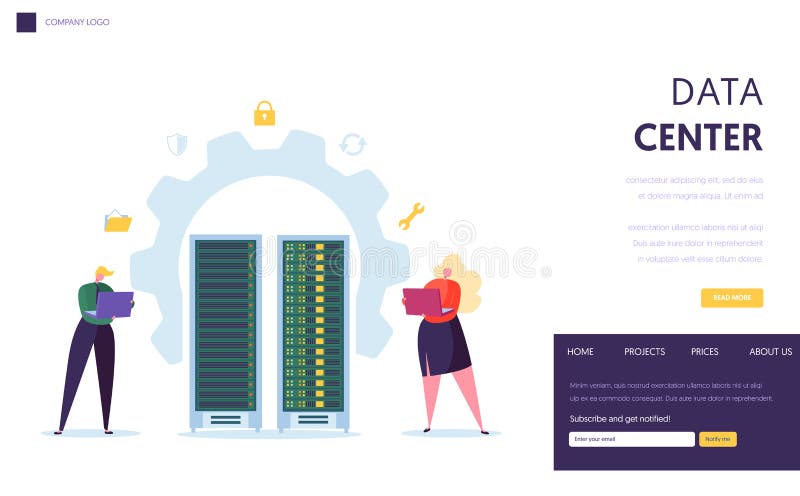 Página del aterrizaje del personal del servidor de Data Center Ayuda Datacenter del carácter del negocio con el recibimiento de l libre illustration