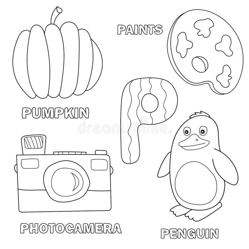 Página del libro de colorear del alfabeto de los niños con clip art resumidos Letra P ilustración del vector Página del libro de colorear del alfabeto de los niños con clip art resumidos Letra P ilustración del vector