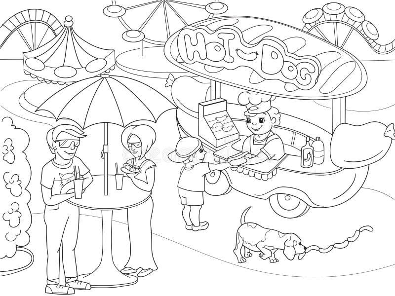 Páginas da coloração do parque de diversões para crianças Cão quente Ilustração do vetor do caminhão do alimento ilustração stock Páginas da coloração do parque de diversões para crianças Cão quente Ilustração do vetor do caminhão do alimento ilustração stock