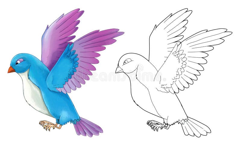 Pájaro colorido exótico de la historieta - vuelo - aislado - con la página del colorante ilustración del vector Pájaro colorido exótico de la historieta - vuelo - aislado - con la página del colorante ilustración del vector