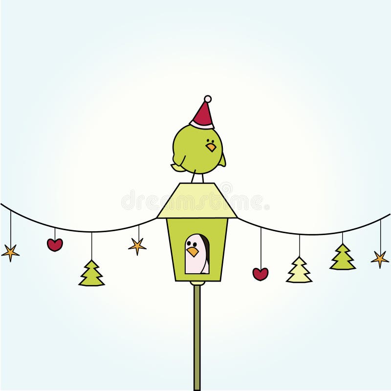 Pájaro de la Navidad en casa del pájaro. Ilustración simple de la tarjeta de Navidad del pájaro divertido de la historieta encima de la casa del pájaro con la fila de ornamentos