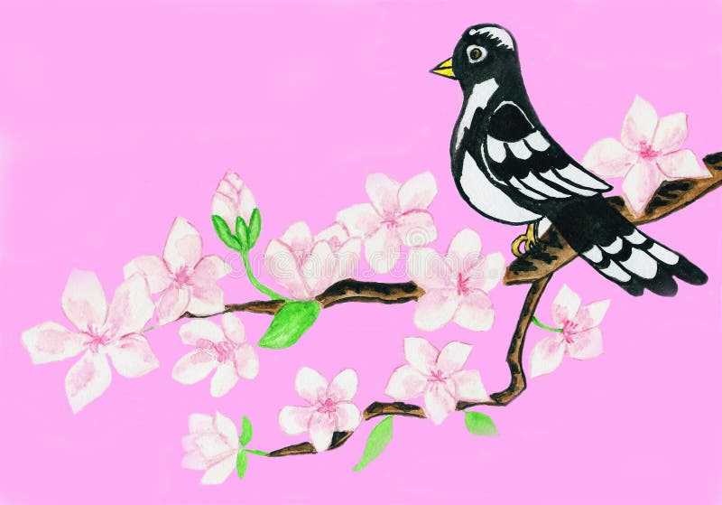 Pájaro en la ramificación con las flores blancas en fondo rosado