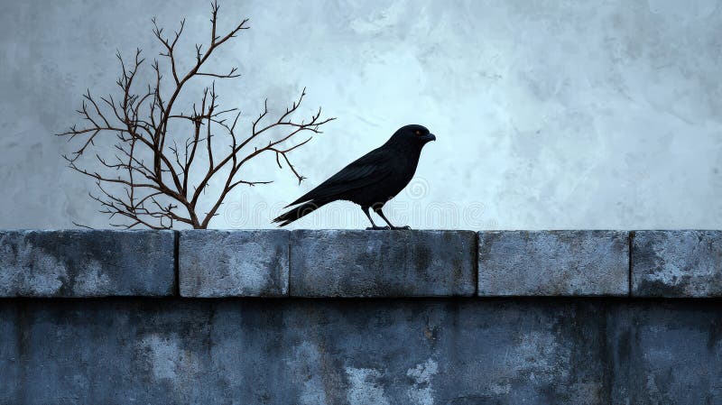 Pájaro negro encaramado en una pared de piedra con una atmósfera serena de rama estéril. ai generativo