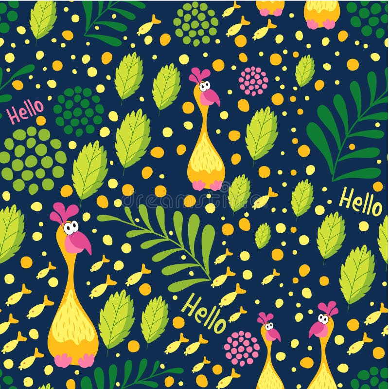 Pájaros del modelo inconsútil, flores, hojas y ramas que sorprenden, fondo azul profundo Estilo botánico Conveniente para las mat stock de ilustración Pájaros del modelo inconsútil, flores, hojas y ramas que sorprenden, fondo azul profundo Estilo botánico Conveniente para las mat stock de ilustración