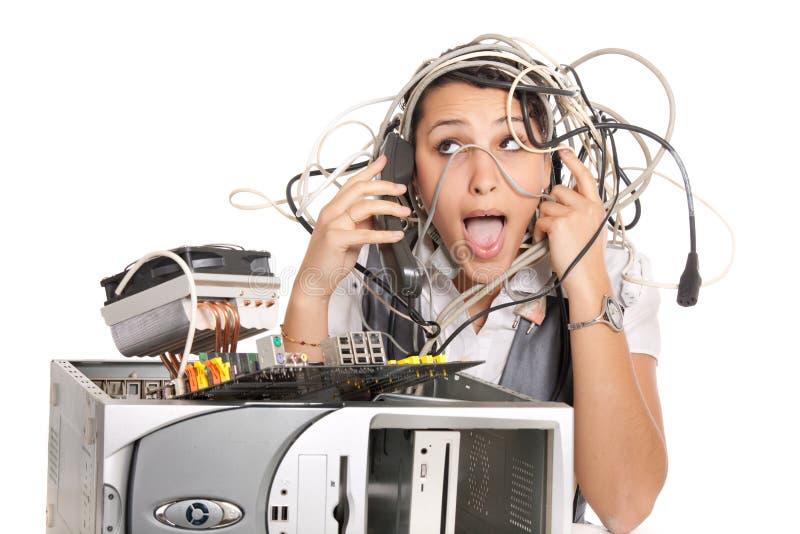 Woman in panic having problems with computer trying to reach support line. Woman in panic having problems with computer trying to reach support line