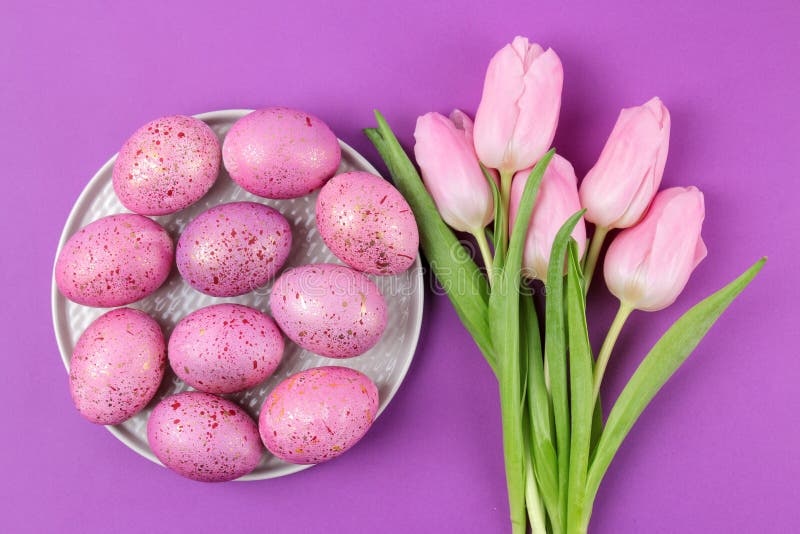 Páscoa ovos da páscoa e tulipas cor-de-rosa das flores em um fundo roxo na moda Easter feliz feriados Vista superior fotografia de stock Páscoa ovos da páscoa e tulipas cor-de-rosa das flores em um fundo roxo na moda Easter feliz feriados Vista superior fotografia de stock