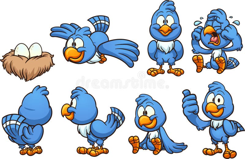 Pássaro azul dos desenhos animados em poses diferentes ilustração royalty free Pássaro azul dos desenhos animados em poses diferentes ilustração royalty free
