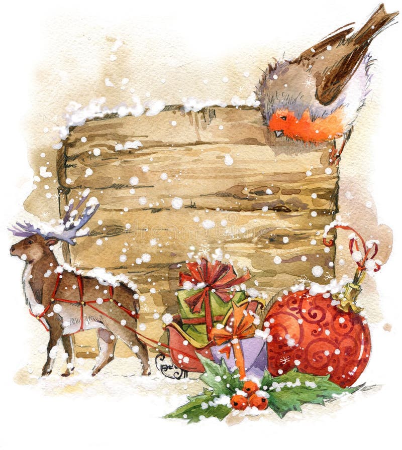 Pássaro do Natal e fundo do Natal Ilustração da aguarela ilustração do vetor Pássaro do Natal e fundo do Natal Ilustração da aguarela ilustração do vetor