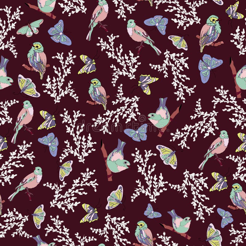 Pássaros criativos e coloridos da natureza, flor e vetor sem emenda do teste padrão das borboletas ilustração royalty free Pássaros criativos e coloridos da natureza, flor e vetor sem emenda do teste padrão das borboletas ilustração royalty free